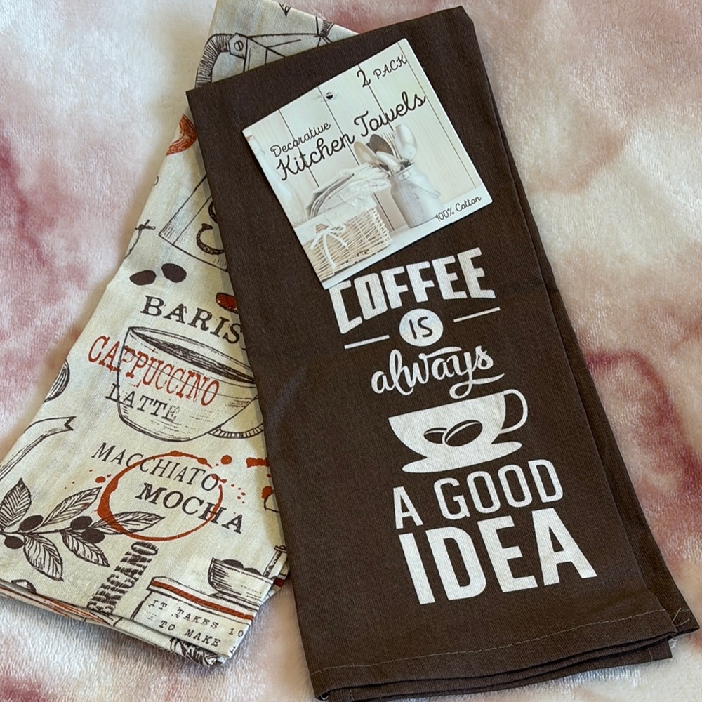 Coffee Capuccino Mocha Cotton Linen Designer Kitchen Towels 2 NWT 15x25”
